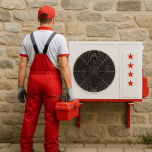 Technicien RGE vérifiant une Pompe à chaleur Valais – installateur en salopette rouge et blanche